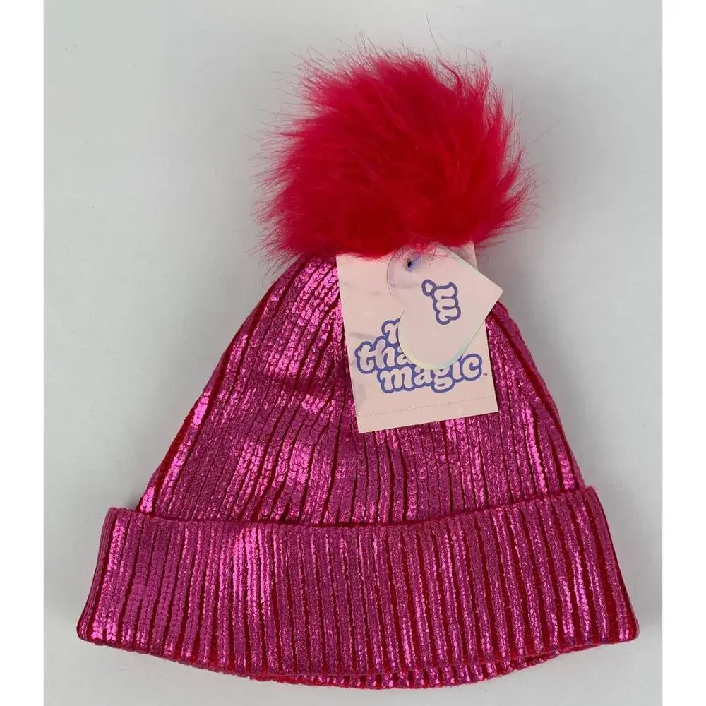 More Than Magic Beanie With Pom Pom Pink And Black. Girls One Size